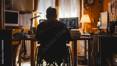 Homme en fauteuil roulant devant un bureau avec plusieurs écrans. photo