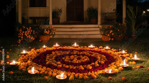 A vibrant rangoli made of marigold flowers illuminated by diyas creating a warm and festive ambiance in front of a house at night. photo