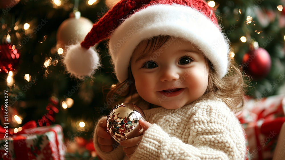A close-up of a giggling child in a knitted Santa Claus hat, holding a shiny ornament while a Christmas tree decorated with sparkling baubles and tinsel glimmers behind them, surro A close-up of a giggling child in a knitted Santa Claus hat, holding a shiny ornament while a Christmas tree decorated with sparkling baubles and tinsel glimmers behind them, surro