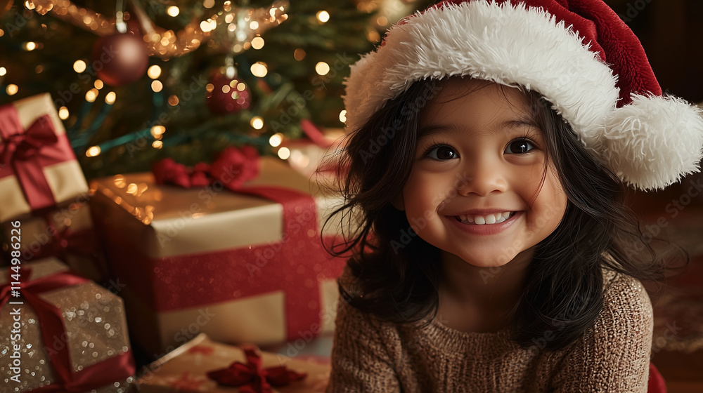 A close-up of a cheerful child in a fuzzy Santa hat, sitting beside a mountain of wrapped gifts while a beautifully lit Christmas tree with cascading ribbons forms the backdrop. A close-up of a cheerful child in a fuzzy Santa hat, sitting beside a mountain of wrapped gifts while a beautifully lit Christmas tree with cascading ribbons forms the backdrop.