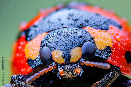 Macro Close-Up of a Vibrant Red Ladybug with Black Spots, Showcasing Detailed Textures and Delicate Antennae photo