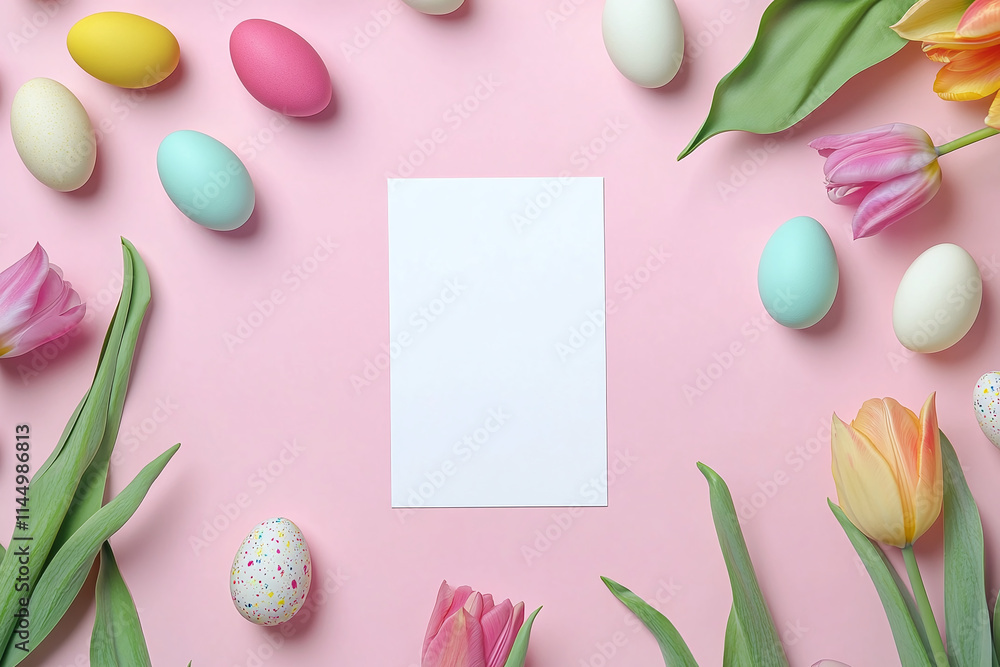 Top view of easter card mockup with tulips and colorful eggs on pink background, easter card Top view of easter card mockup with tulips and colorful eggs on pink background, easter card