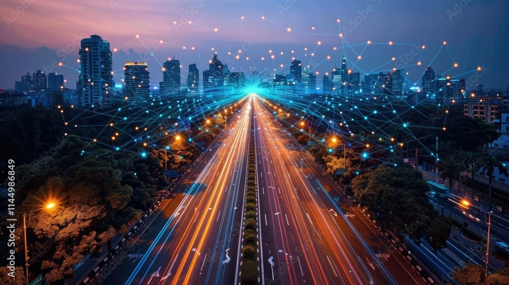 Fototapeta premium A cityscape at dusk with illuminated traffic and digital network connections.