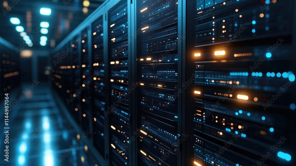 Modern server room with glowing lights and data center technology. Modern server room with glowing lights and data center technology.