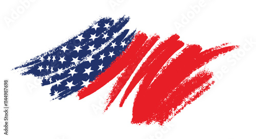 Grunge USA flag with watercolor blue and red brush paint texture. Abstract brushed flag of United States of America. Template for horizontal holiday banner. Vector painted brushstrokes stars.