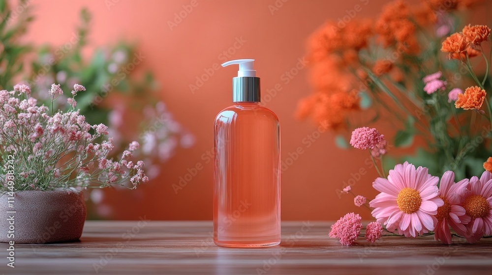 A clear bottle with a pump sits on a wooden surface, surrounded by colorful flowers.