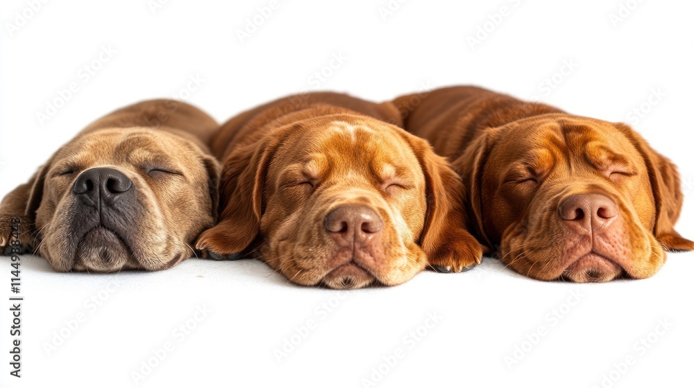 Three dogs lie side by side, eyes closed, enjoying a tranquil nap on a soft surface Three dogs lie side by side, eyes closed, enjoying a tranquil nap on a soft surface