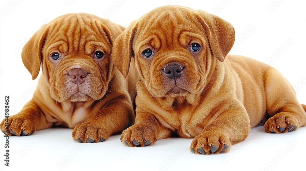 Two adorable puppies rest together, showing playful curiosity in their cozy space Two adorable puppies rest together, showing playful curiosity in their cozy space