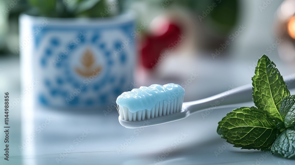 A toothbrush holds vibrant blue toothpaste while fresh mint leaves add a refreshing touch nearby A toothbrush holds vibrant blue toothpaste while fresh mint leaves add a refreshing touch nearby