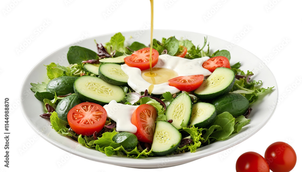 PNG of Fresh vegetable salad with cucumbers, tomatoes, and a drizzle of olive oil on transparent background. PNG of Fresh vegetable salad with cucumbers, tomatoes, and a drizzle of olive oil on transparent background.