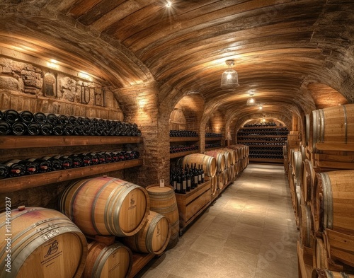 Wine cellar storing barrels and bottles in a traditional brick vault