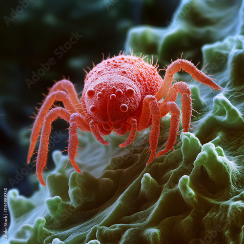 Macro Close-Up of Brightly Colored Mites Crawling on Leaf Surfaces with Intricate Textures and Vibrant Details photo