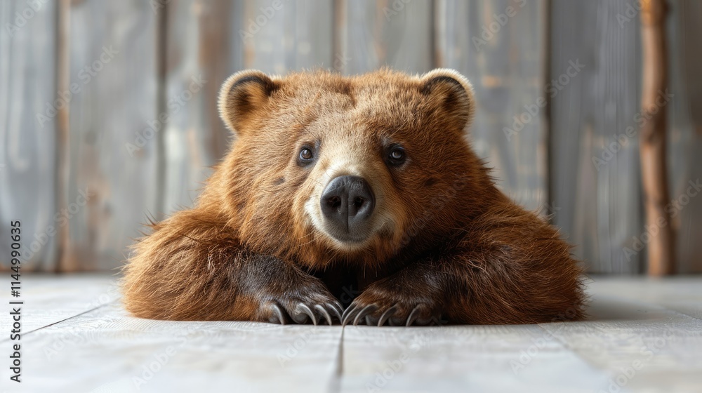 Fototapeta premium A close-up of a brown bear resting with a curious expression.