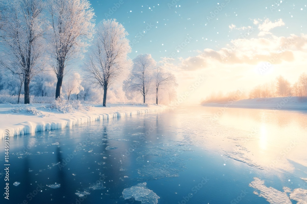 Snow falling on frozen river at sunrise in winter wonderland Snow falling on frozen river at sunrise in winter wonderland
