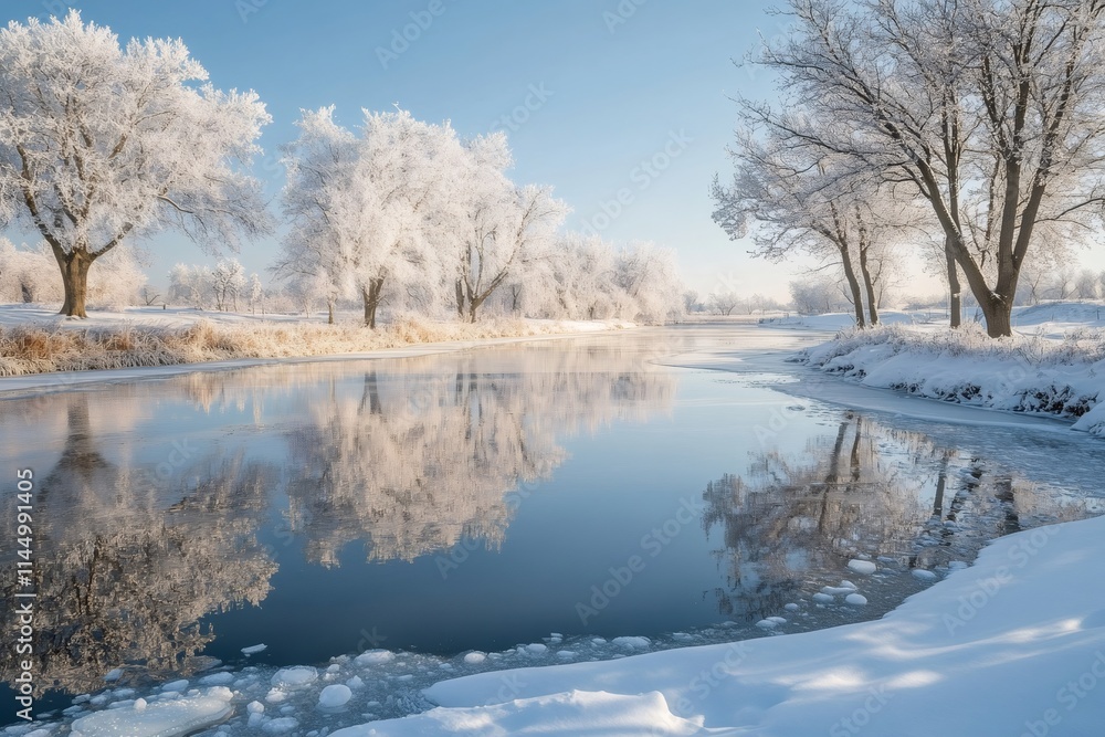Winter landscape reflecting on partially frozen river at sunrise Winter landscape reflecting on partially frozen river at sunrise