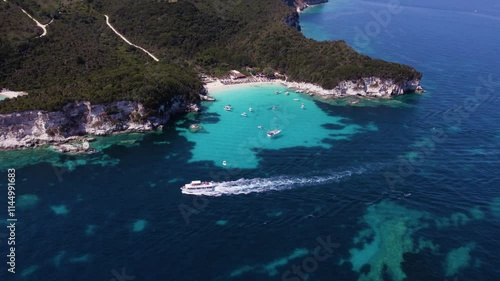 Beautiful drone view of the azure lagoon on the island of Paxos, Blue lagoon, Corfu, Greece. photo