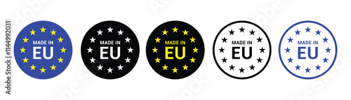 Made in EU. European union logo. Made in Europe seal logo. product of European union pictogram. EU flag icon with stars. Vector illustration.