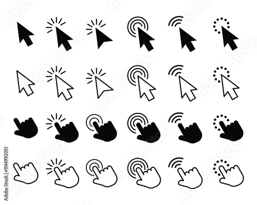 Set of cursor icons click and hand cursor icons click isolated on background. Computer mouse click cursor arrow icons set and loading Clicking cursor, pointing hand clicks icons.