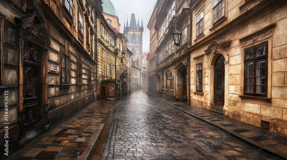 A misty cobblestone street in a historic city with old buildings and a tower. A misty cobblestone street in a historic city with old buildings and a tower.