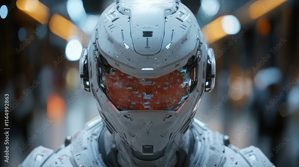 A close-up of a futuristic robot with a sleek design and glowing visor in a high-tech environment. A close-up of a futuristic robot with a sleek design and glowing visor in a high-tech environment.