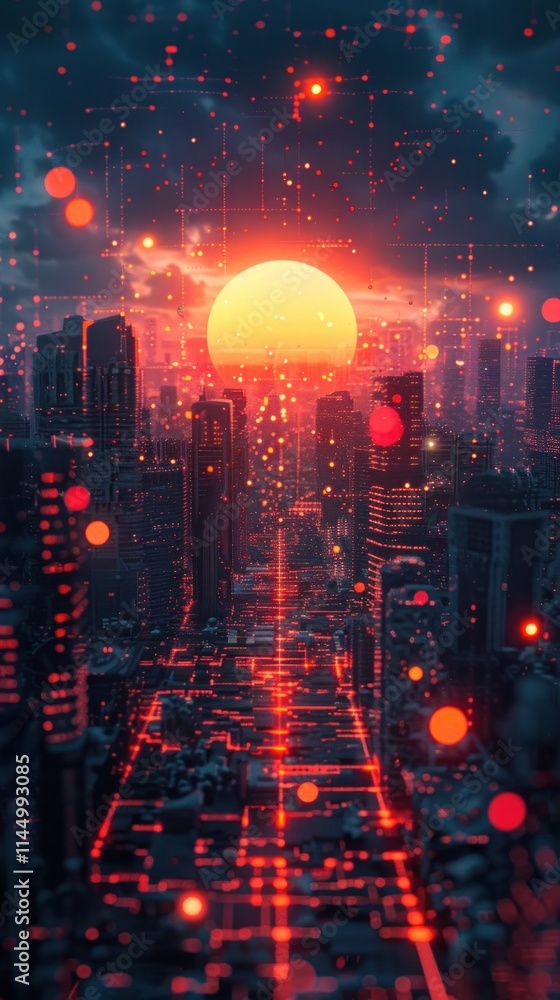 Obraz premium Radiant and Captivating Cityscape with Glowing Skyscrapers and Sparkling Lights at Night Futuristic urban landscape with a mesmerizing skyline of illuminated towers dazzling reflections