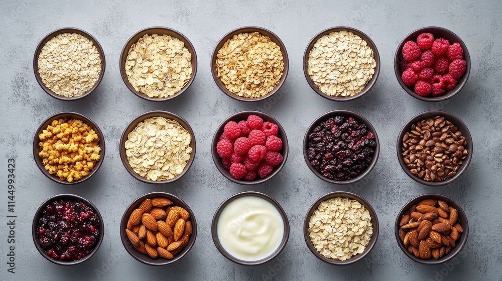 Ingredients for healthy breakfast with rolled oats, raspberries, almonds and yogurt Ingredients for healthy breakfast with rolled oats, raspberries, almonds and yogurt