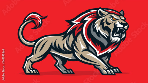 Bold and fierce lion mascot design with a striking red background highlighting its powerful stance and vivid details