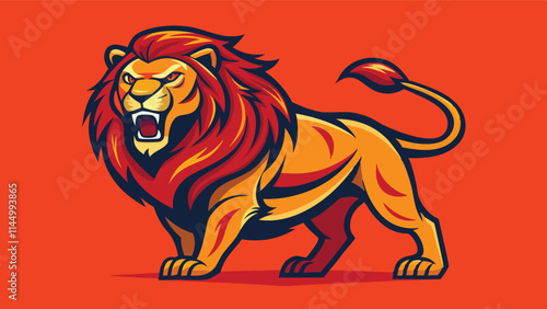 Bold and fierce lion mascot design with a striking red background highlighting its powerful stance and vivid details