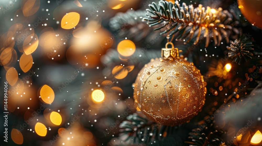 A close-up of a golden Christmas ornament on a pine tree, with soft bokeh and snow effects. A close-up of a golden Christmas ornament on a pine tree, with soft bokeh and snow effects.