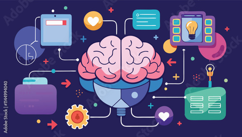 Exploring the connections between brain functions and digital elements in a vibrant vector design representing creativity and technology integration