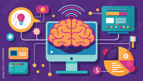 Exploring the connections between brain functions and digital elements in a vibrant vector design representing creativity and technology integration