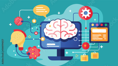 Exploring the connections between brain functions and digital elements in a vibrant vector design representing creativity and technology integration