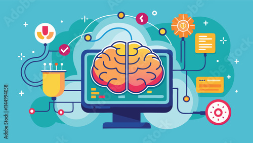 Exploring the connections between brain functions and digital elements in a vibrant vector design representing creativity and technology integration