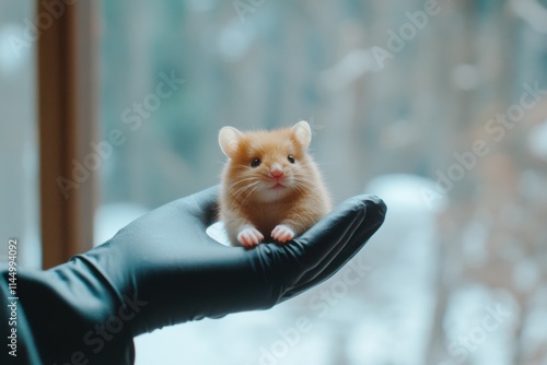 Mouse held in gloved hand for pharmacokinetic drug testing in preclinical trials in a laboratory setting