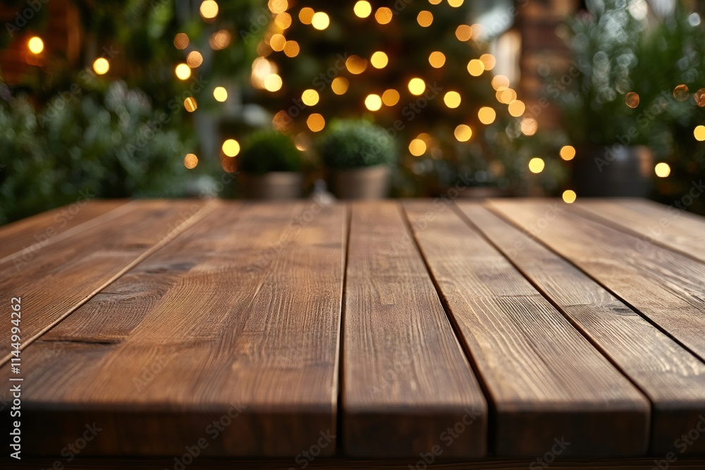 Empty wooden table with christmas tree lights in background Empty wooden table with christmas tree lights in background