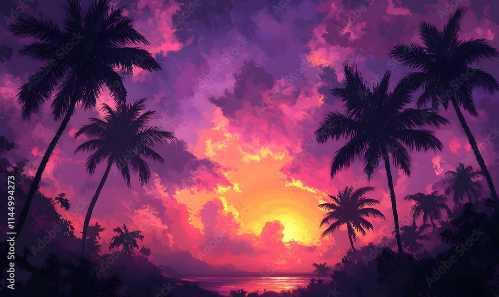 Naklejka premium Sunset Serenity, Palm Trees Cast in Silhouette by a Spectacular Purple and Pink Sky