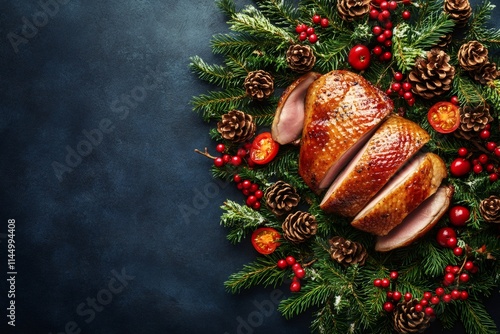 Christmas roasted duck with festive decorations on dark background photo