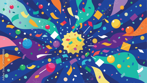 Colorful abstract vector illustration of dynamic shapes and confetti celebrating a festive occasion