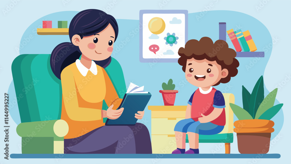 Engaging reading session between a caregiver and a child in a cozy indoor space with books and plants Engaging reading session between a caregiver and a child in a cozy indoor space with books and plants