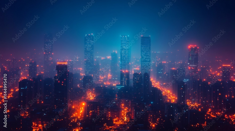 Fototapeta premium Monitoring community air quality using AI technology in a vibrant urban environment at night