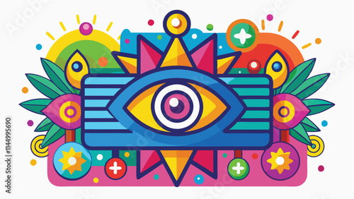 Colorful vector illustration featuring an eye surrounded by geometric shapes and decorative elements, representing insight and perception