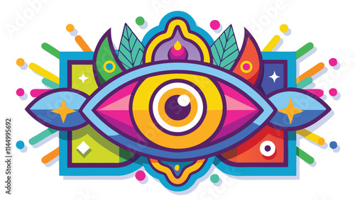Colorful vector illustration featuring an eye surrounded by geometric shapes and decorative elements, representing insight and perception