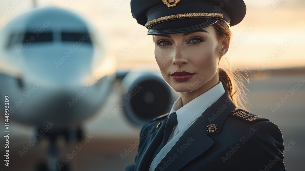 Confident Female Pilot Standing Proudly in Front of Modern Commercial Airplane Confident Female Pilot Standing Proudly in Front of Modern Commercial Airplane