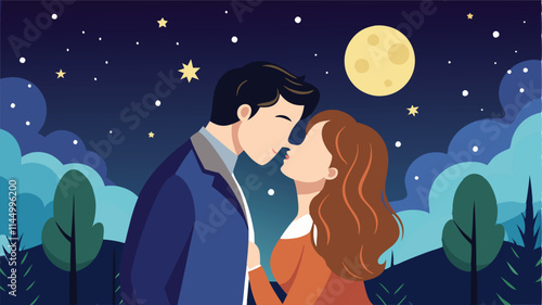 Couple shares a romantic kiss under a starry night sky surrounded by silhouettes of trees and the moon shining brightly