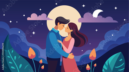 Couple shares a romantic kiss under a starry night sky surrounded by silhouettes of trees and the moon shining brightly
