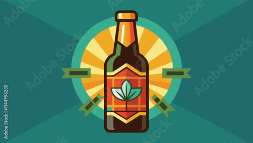 Bright yellow vector illustration of a beverage bottle with a simple label design featuring grains and a green cap