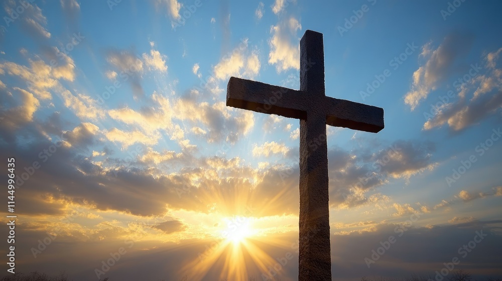 Silhouette of a large cross against a vibrant sunset sky. Silhouette of a large cross against a vibrant sunset sky.