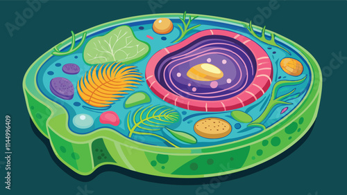 Colorful vector illustration of a cell showcasing organelles, structures, and vibrant colors depicting biological functions and processes