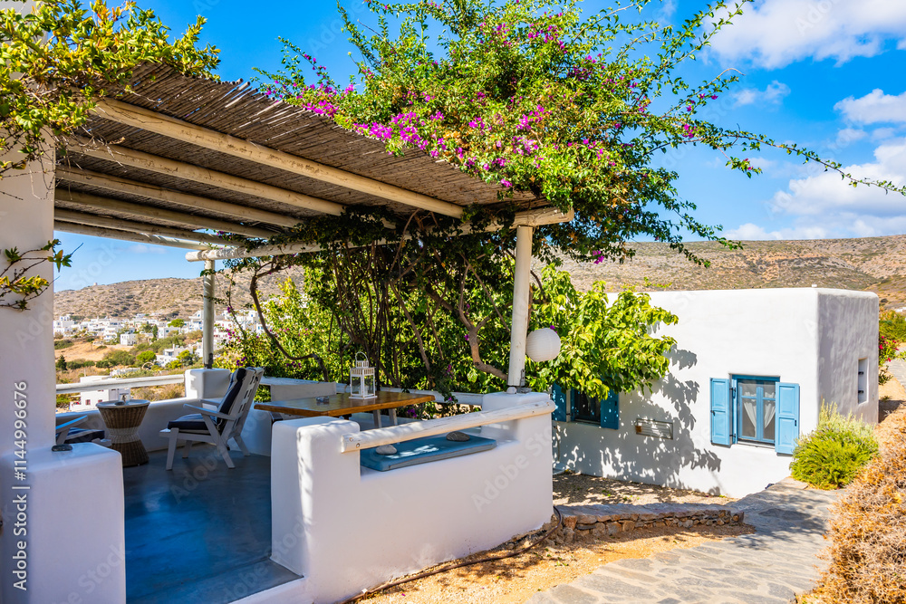 Terrace of a traditional Greek style apartment in Katapola village, Amorgos island, Cyclades, Greece