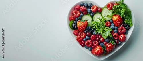 A heart-shaped dish containing healthy, nutritious food to promote cardiac fitness and a balanced diet with ad space, Generative AI.